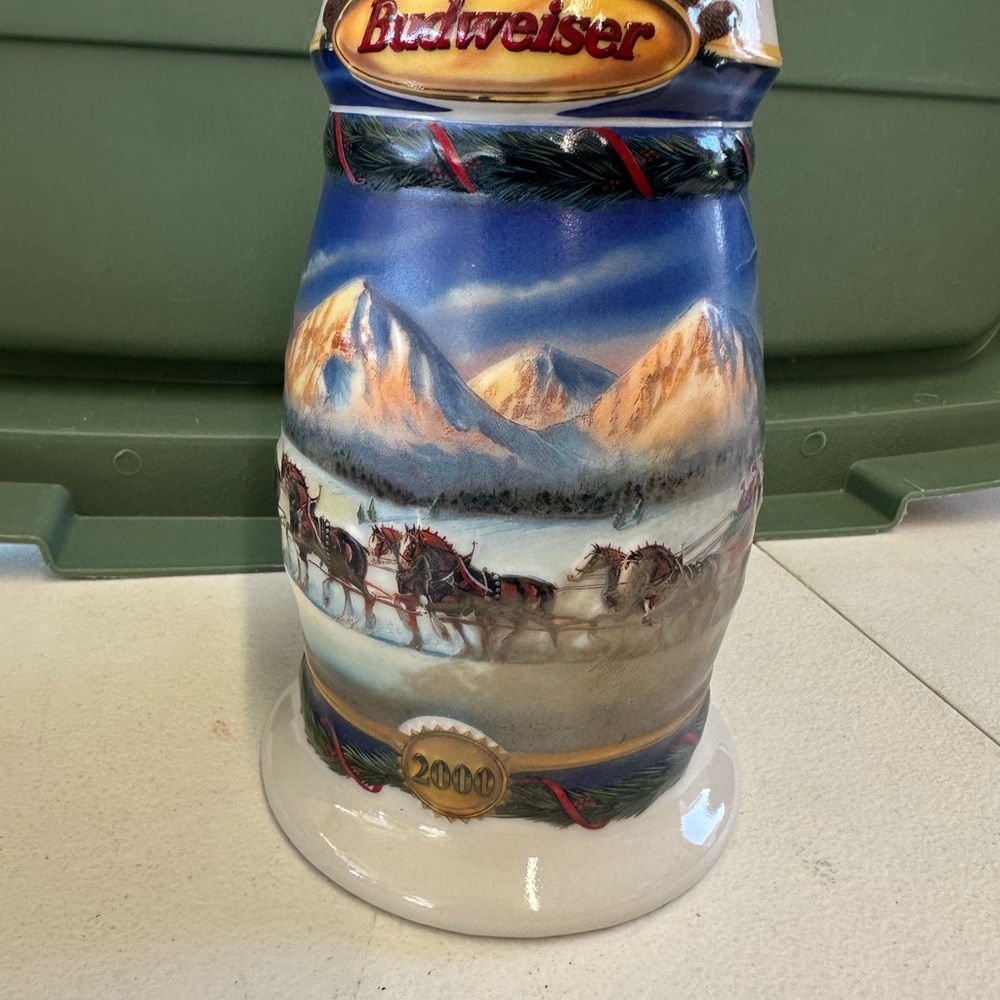 Budweiser Blue and White Ceramic Stein with Mountain Horses